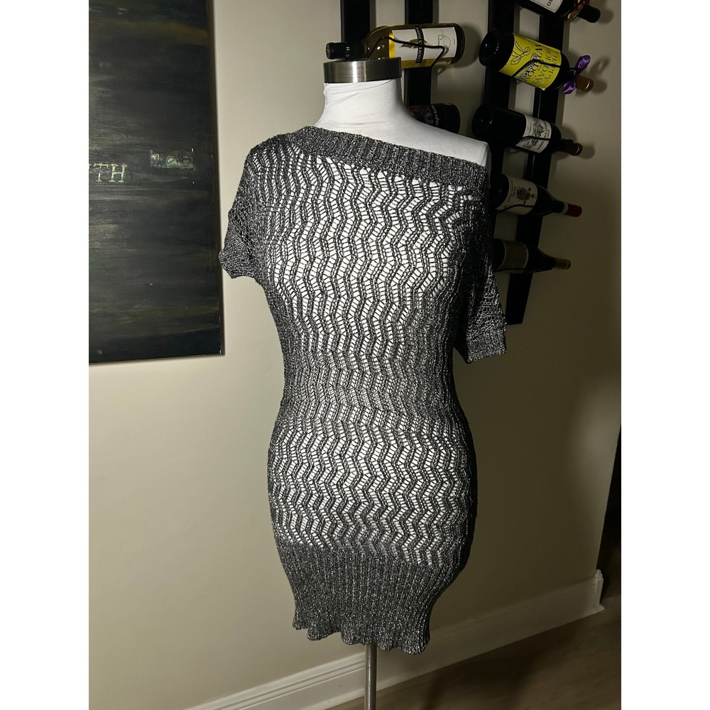 Y2K Kouture by Kimora Metallic Silver Crochet Knit Mini Dress Off Shoulder